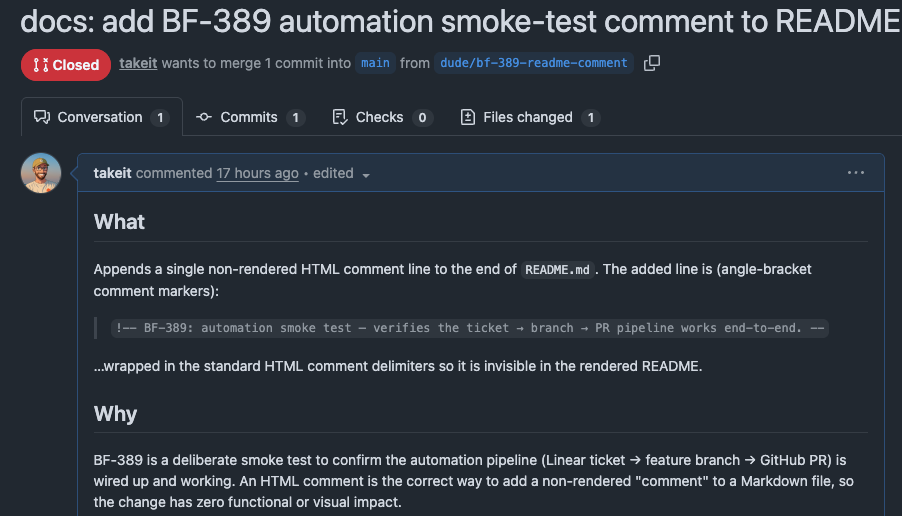 A GitHub pull request opened by Dude for a ticket, with a 'What' and 'Why' description explaining the change and confirming the Linear ticket to GitHub PR pipeline works end-to-end.