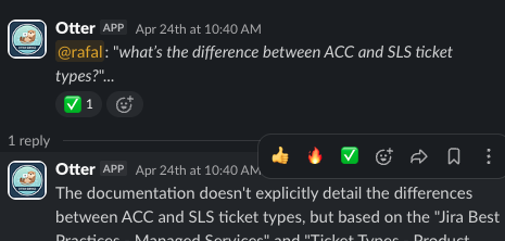 A Slack thread where the bot, named Otter, answers a question about the difference between ACC and SLS ticket types.